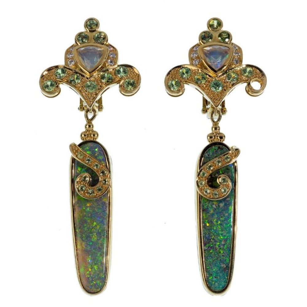 Paula Crevoshay 18k Yellow Gold and Opal Gemstone Clip-on Earrings